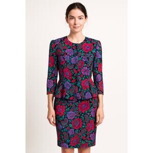 80s Bobby’s Girl Floral Paisley Rayon Peplum Blouse & Skirt Set USA small